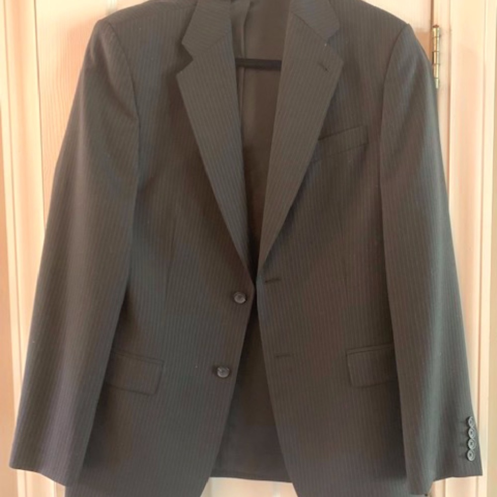 Mens Express Design Studio Suit - Black/Charcoal Pinstripe